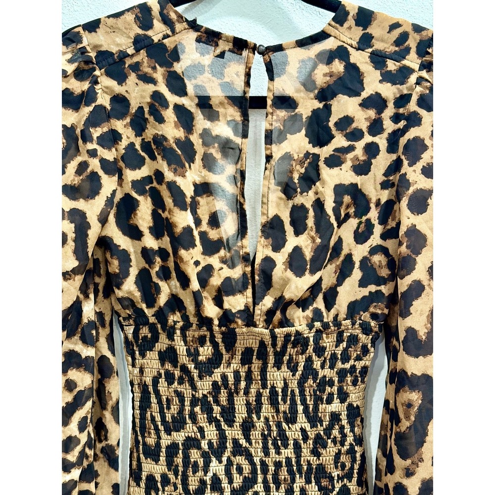 Fashion Nova Leopard Print Smocked Mini Dress XS Long Sleeve V Neck Ruched Waist - Picture 4 of 7